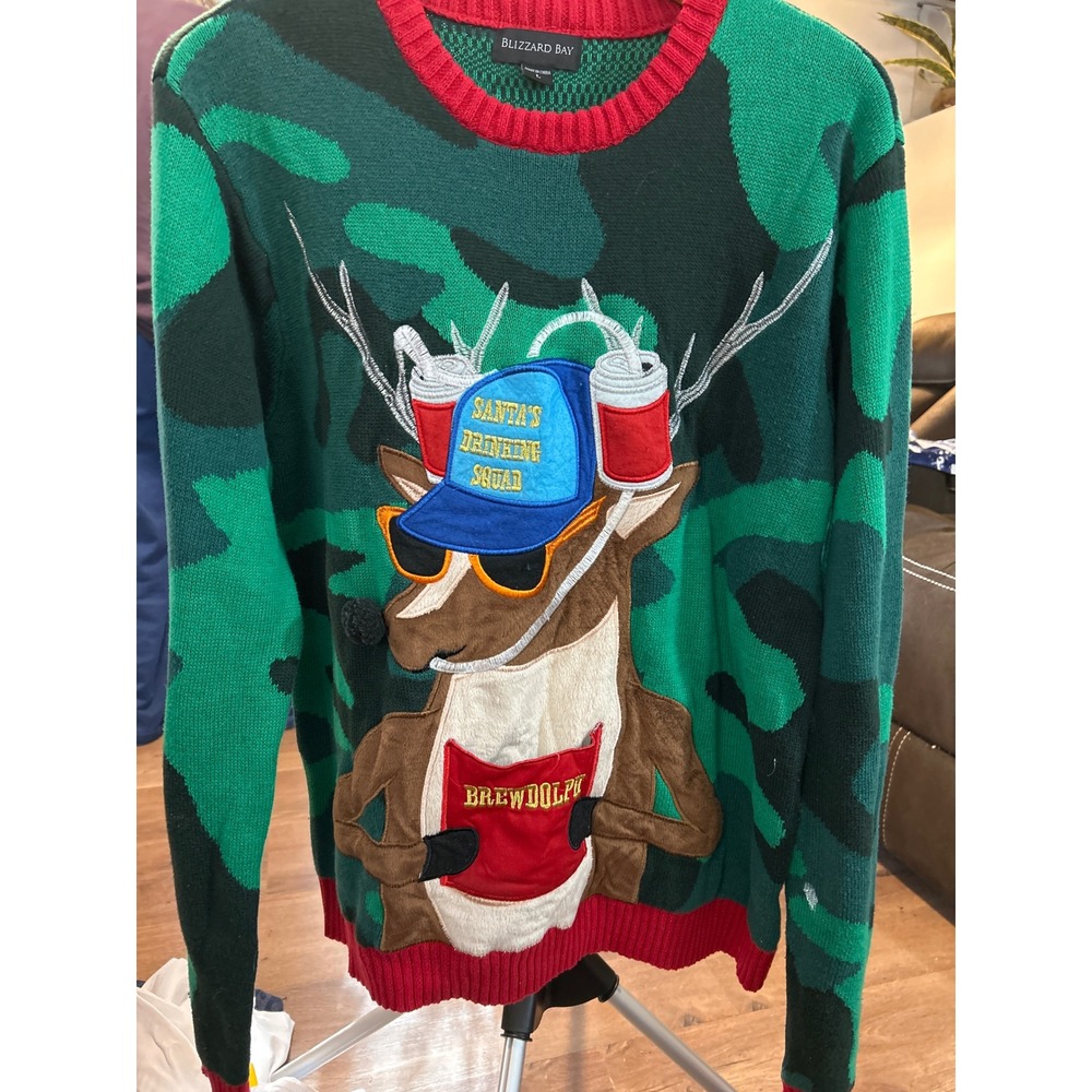 Blizzard Bay Mens Brewdolph Ugly Christmas Sweater‎ Camo Reindeer Beer Large
